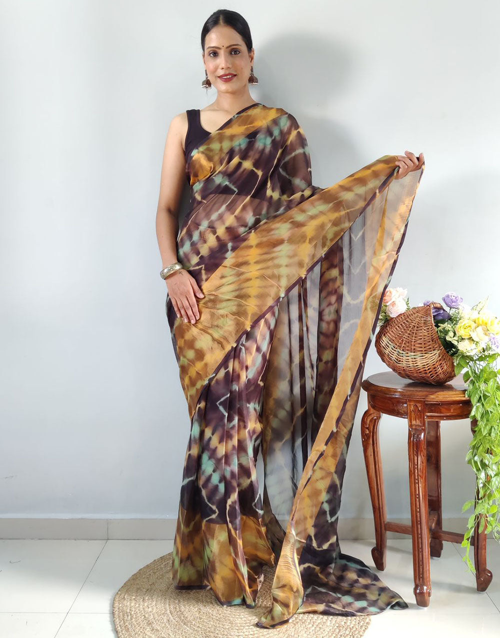 Dark Brown Georgette Ready To Wear Saree