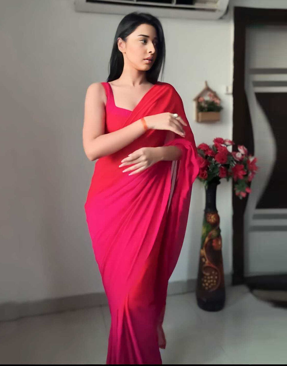 Red & Pink Georgette Ready To Wear Saree