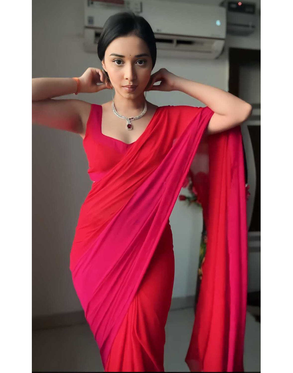 Red & Pink Georgette Ready To Wear Saree