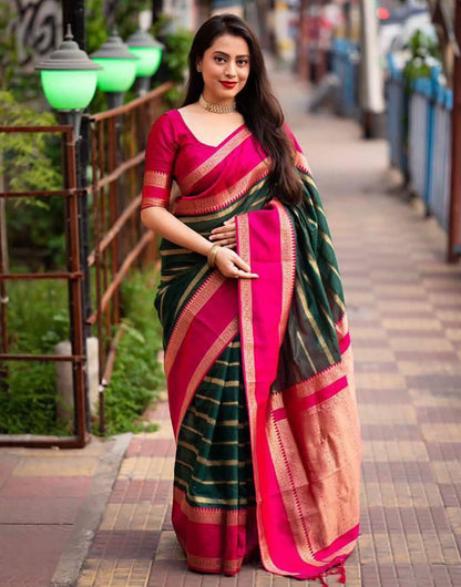 Green & Pink Silk Saree With Zari Weaving Work