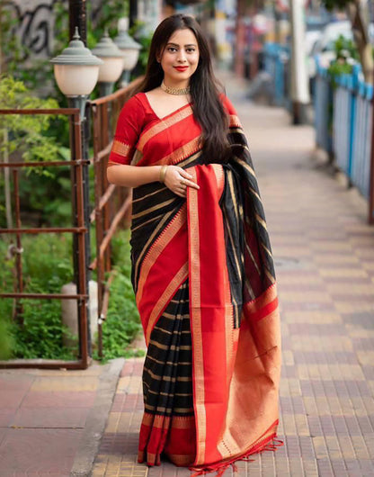 Red & Black Silk Saree With Zari Weaving Work