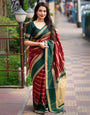 Green & Maroon Silk Saree With Zari Weaving Work