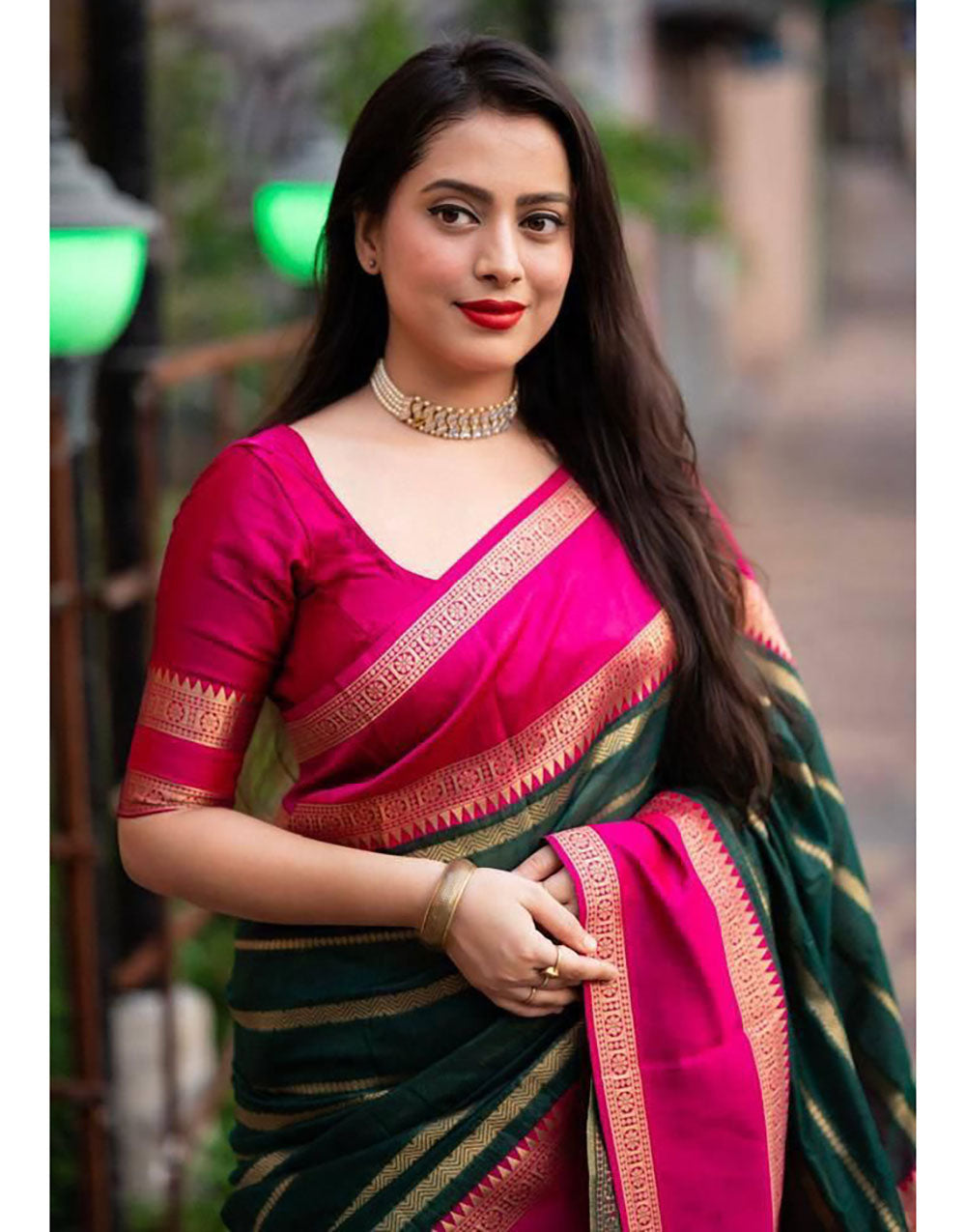 Green & Pink Silk Saree With Zari Weaving Work