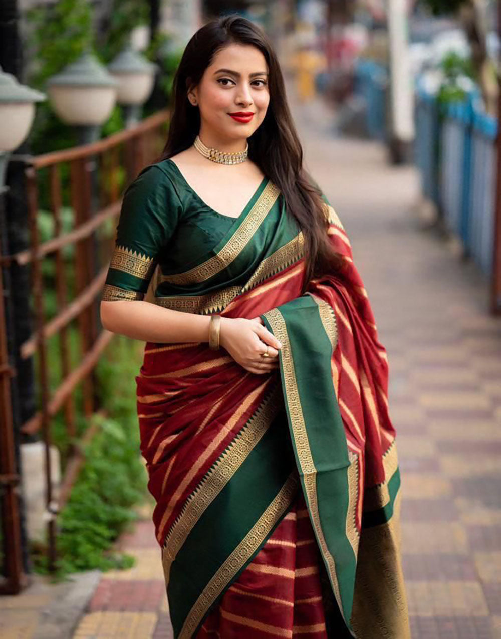 Green & Maroon Silk Saree With Zari Weaving Work