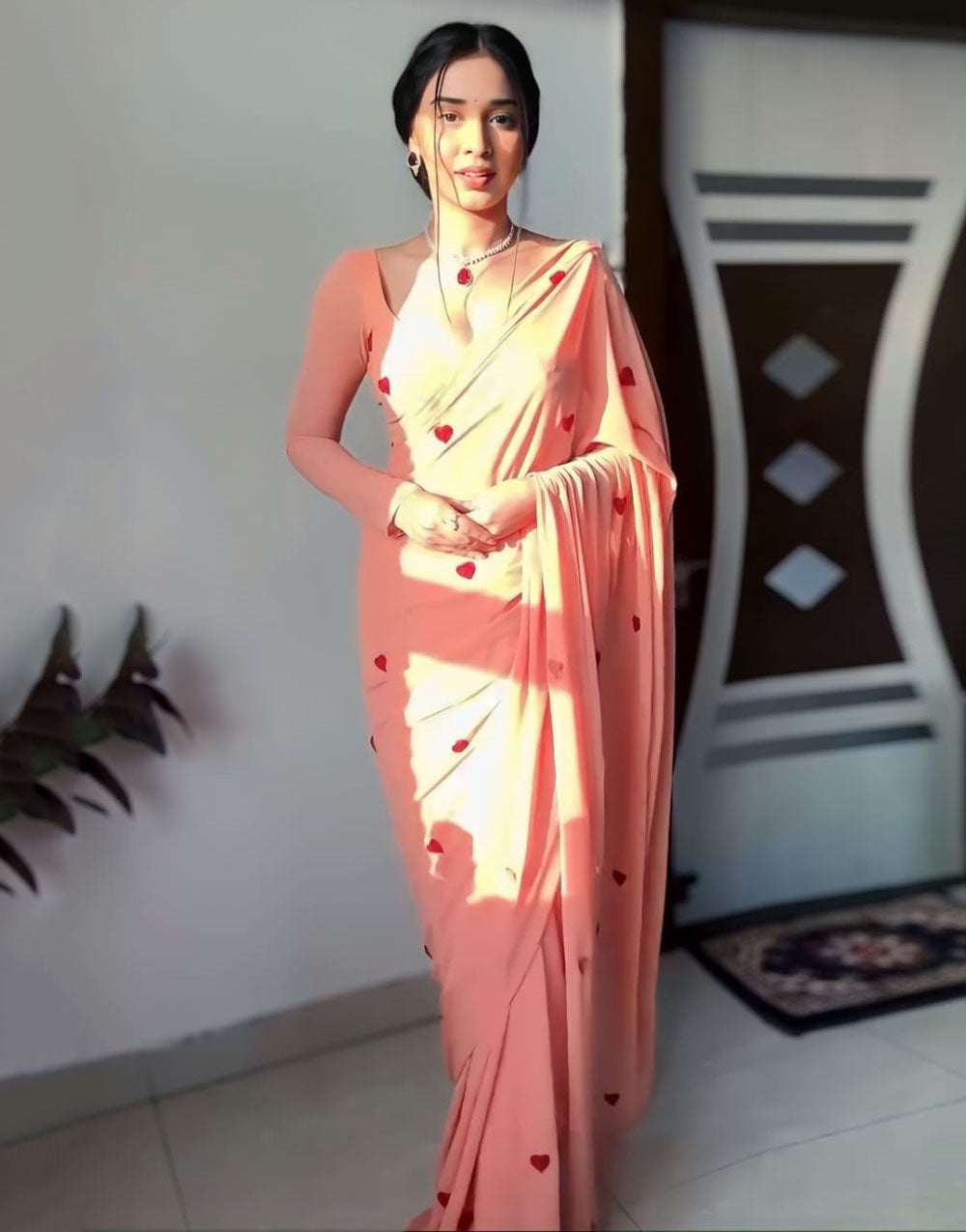 Peach Georgette Ready To Wear Saree