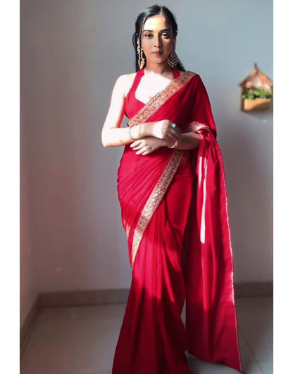 Red Velvet With Lace Border Ready To Wear Saree