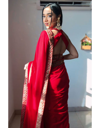 Red Velvet With Lace Border Ready To Wear Saree