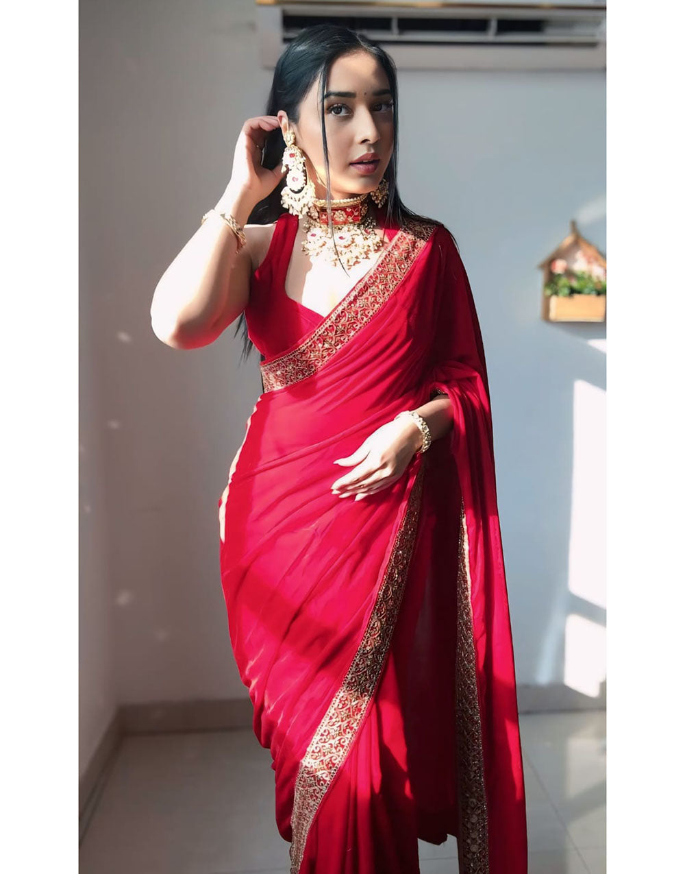 Red Velvet With Lace Border Ready To Wear Saree