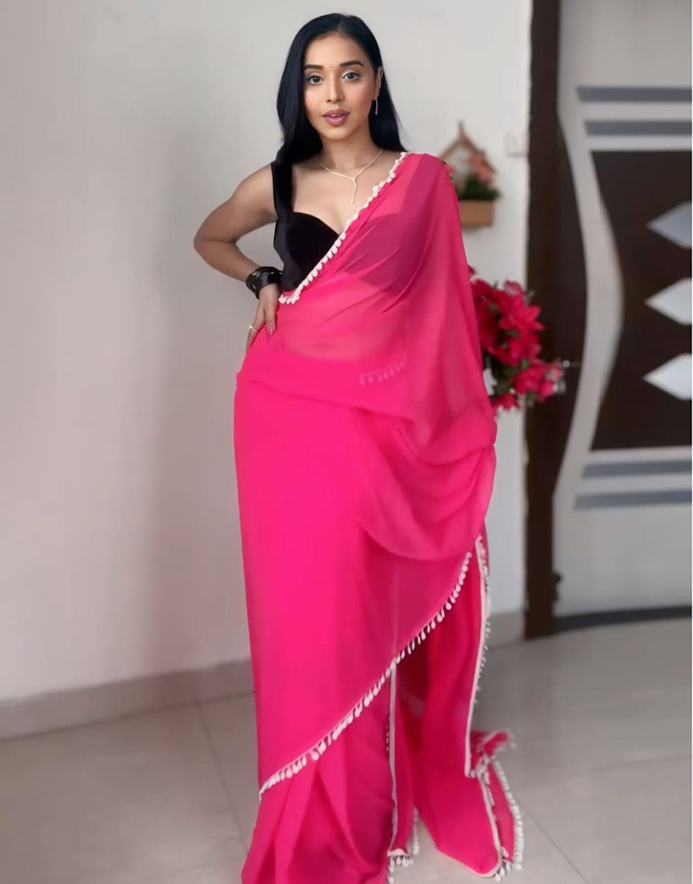 Hot Pink Pure Soft Georgette With Kodi Work Ready To Wear Saree