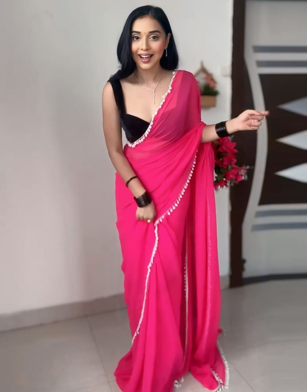 Hot Pink Pure Soft Georgette With Kodi Work Ready To Wear Saree