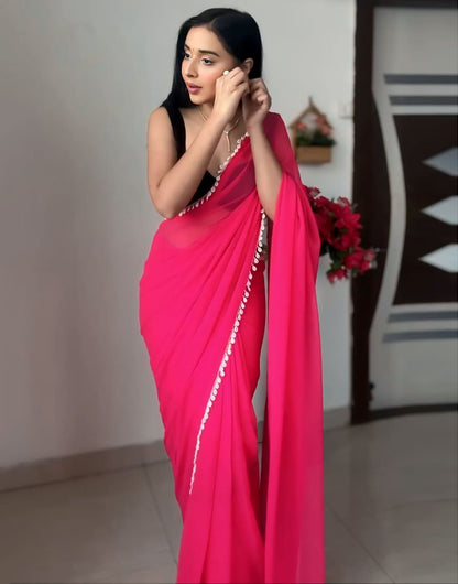 Hot Pink Pure Soft Georgette With Kodi Work Ready To Wear Saree