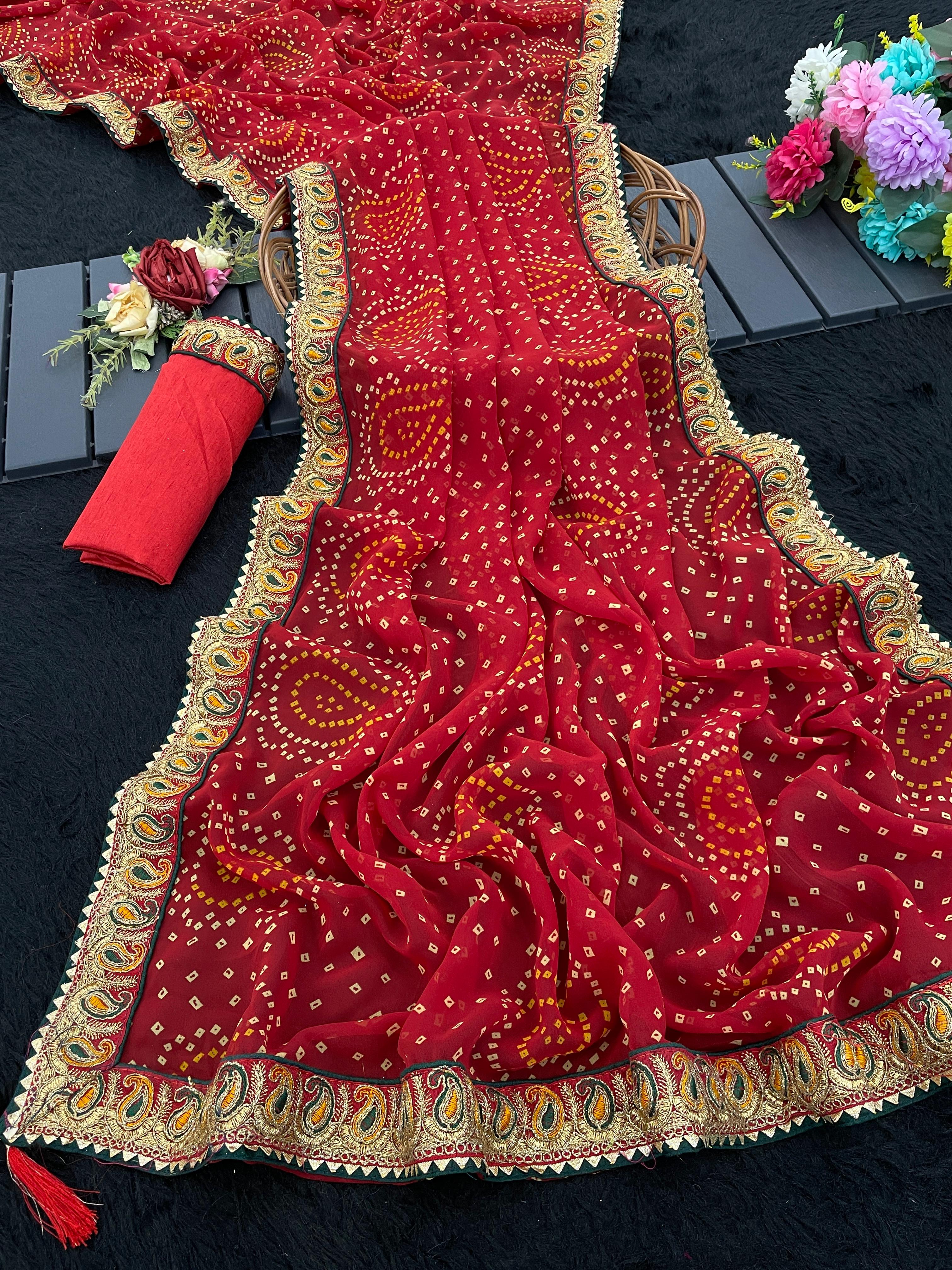Viscose Georgette Original Bandhani With Gota Pati Hand Work Saree