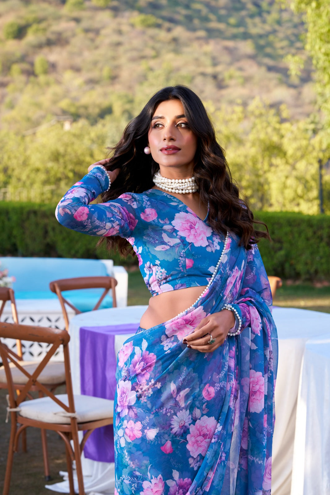 Blue Designer Saree In Weightless Marble With Floral Print And Pearl