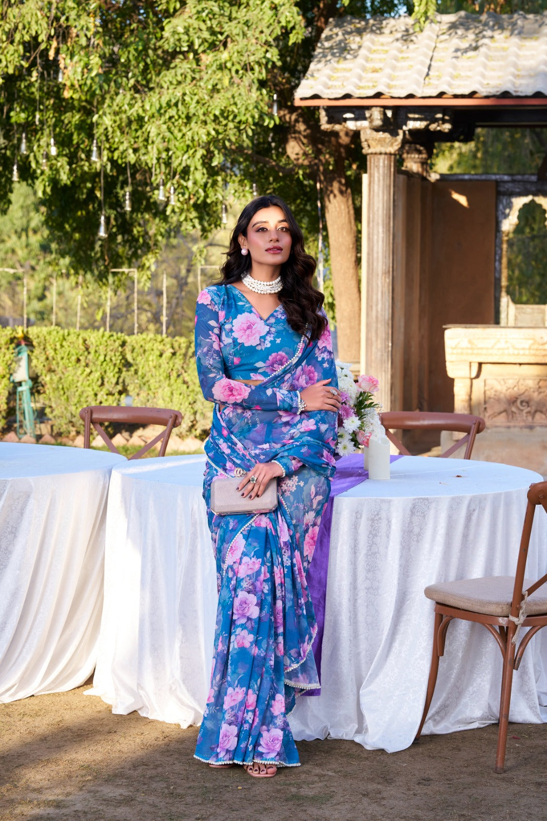 Blue Designer Saree In Weightless Marble With Floral Print And Pearl