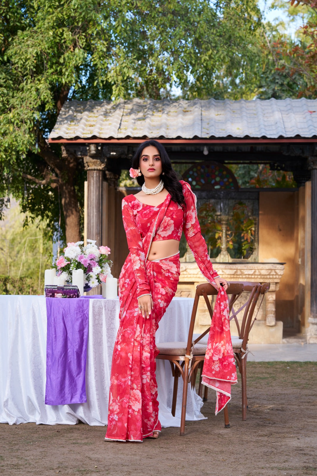 Red Designer Saree In Weightless Marble With Floral Print And Pearl