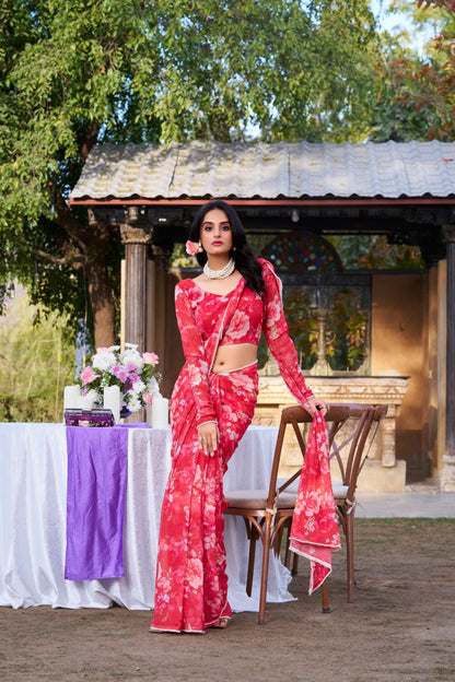 Red Designer Saree In Weightless Marble With Floral Print And Pearl