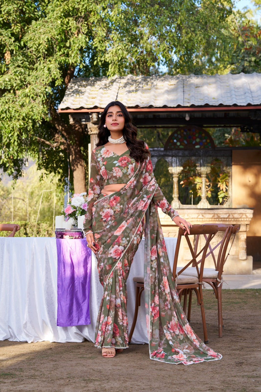 Mahendi Designer Saree In Weightless Marble With Floral Print And Pearl