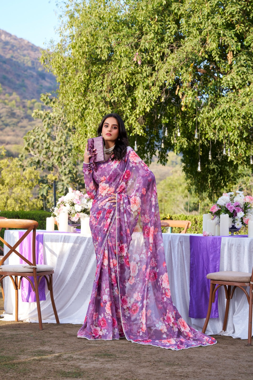 Purple Designer Saree In Weightless Marble With Floral Print And Pearl