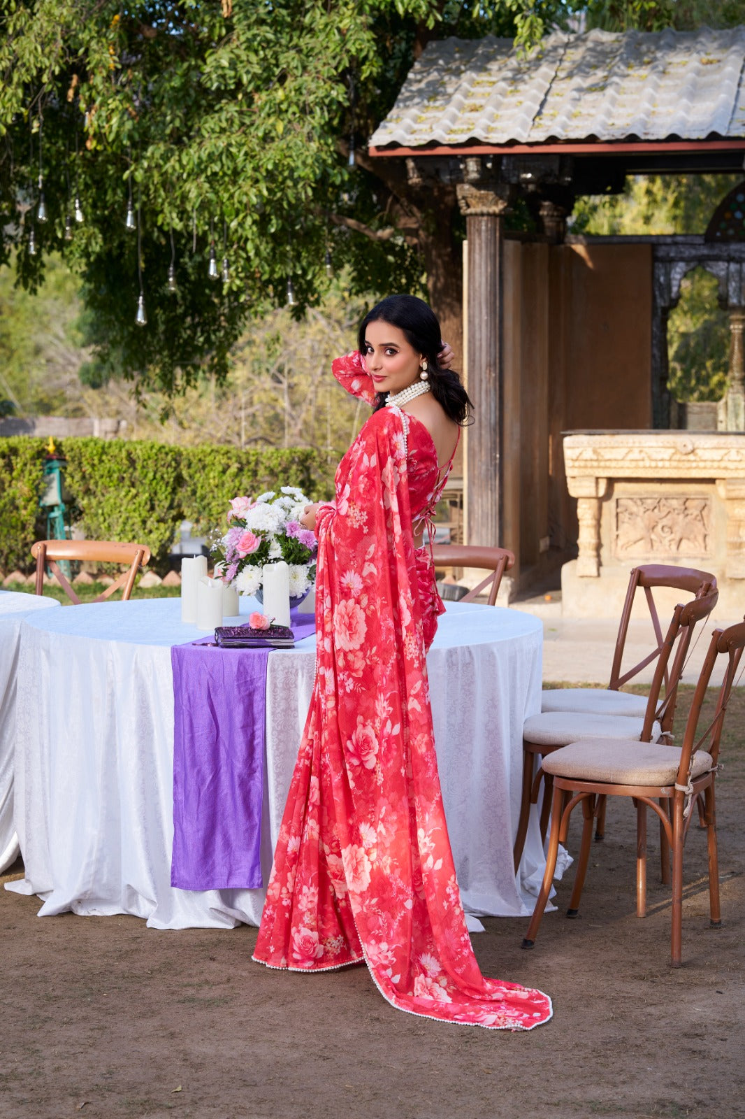 Red Designer Saree In Weightless Marble With Floral Print And Pearl