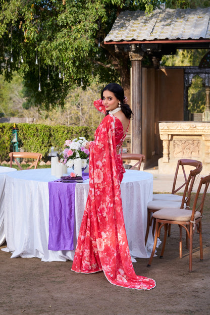 Red Designer Saree In Weightless Marble With Floral Print And Pearl