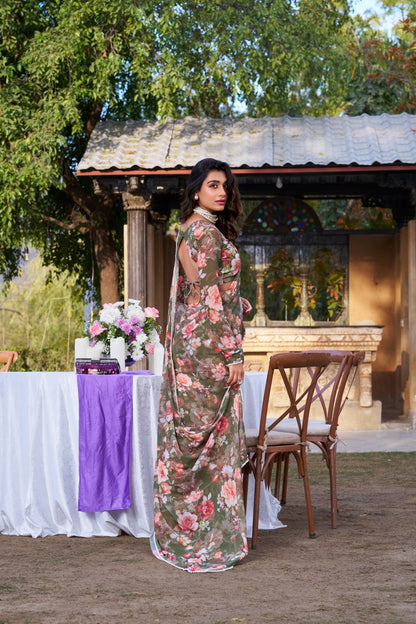 Mahendi Designer Saree In Weightless Marble With Floral Print And Pearl