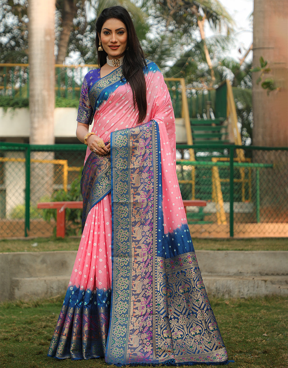 Rose Pink Bandhani Saree With Zari Weaving Work