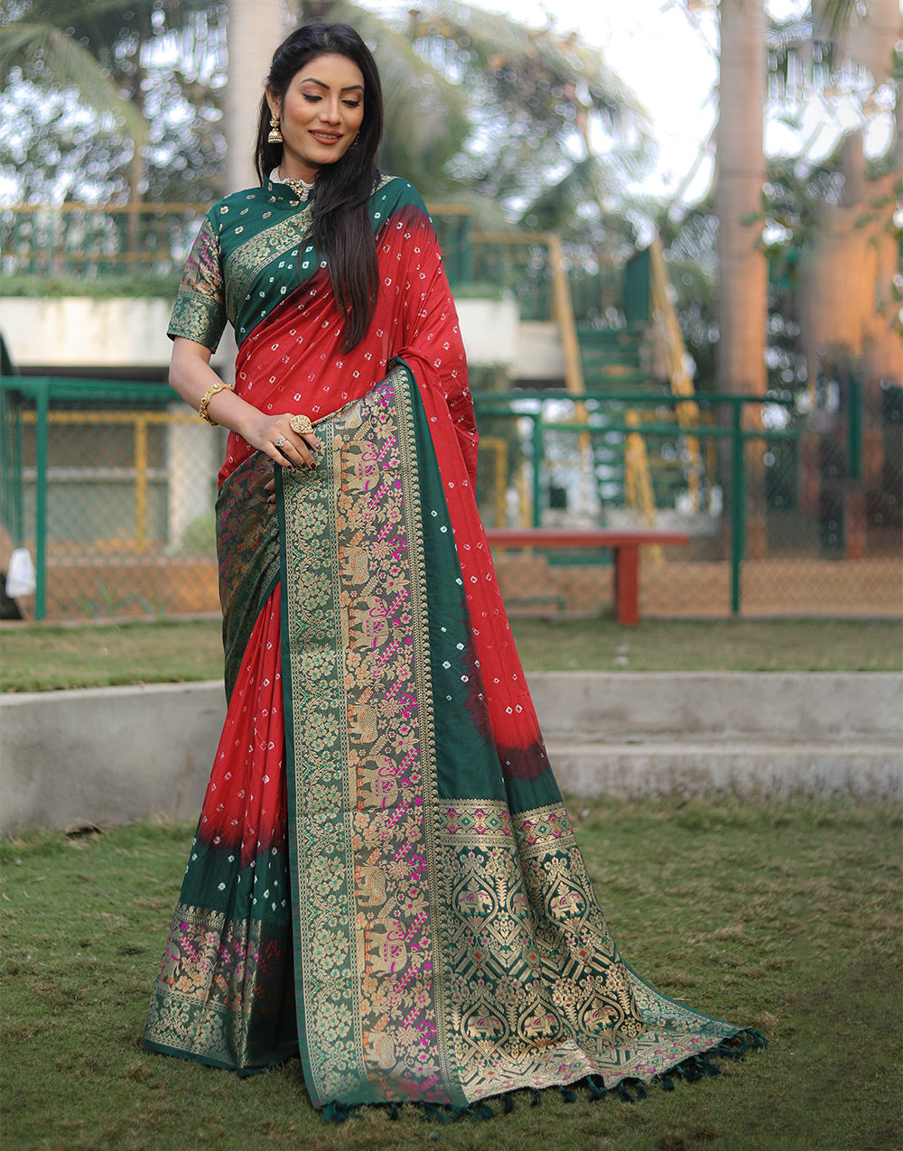 Candy Red Bandhej Kanjivaram Silk Saree With Weaving Work