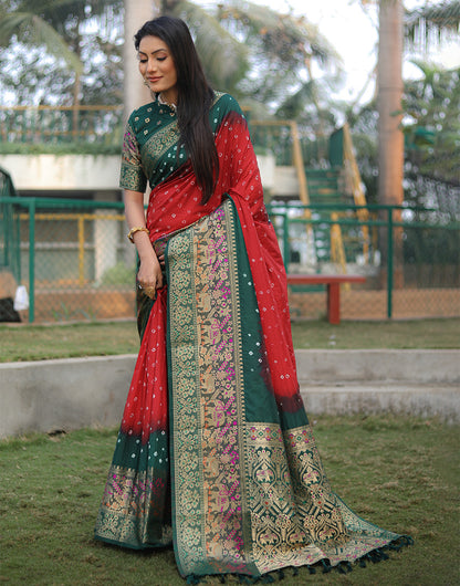 Candy Red Bandhej Kanjivaram Silk Saree With Weaving Work