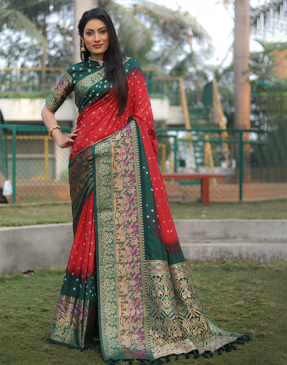 Candy Red Bandhej Kanjivaram Silk Saree With Weaving Work