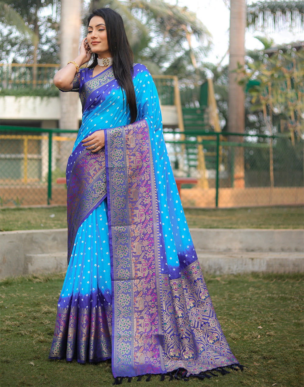 Sky Blue Bandhej Kanjivaram Silk Saree With Weaving Work