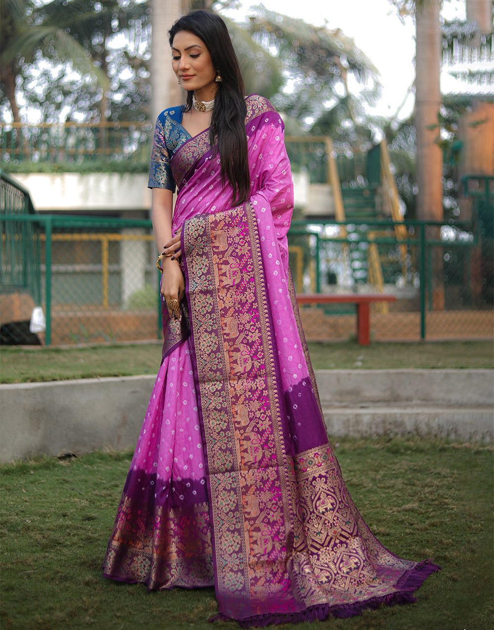 Neon Pink Bandhej Silk Saree With Weaving Work