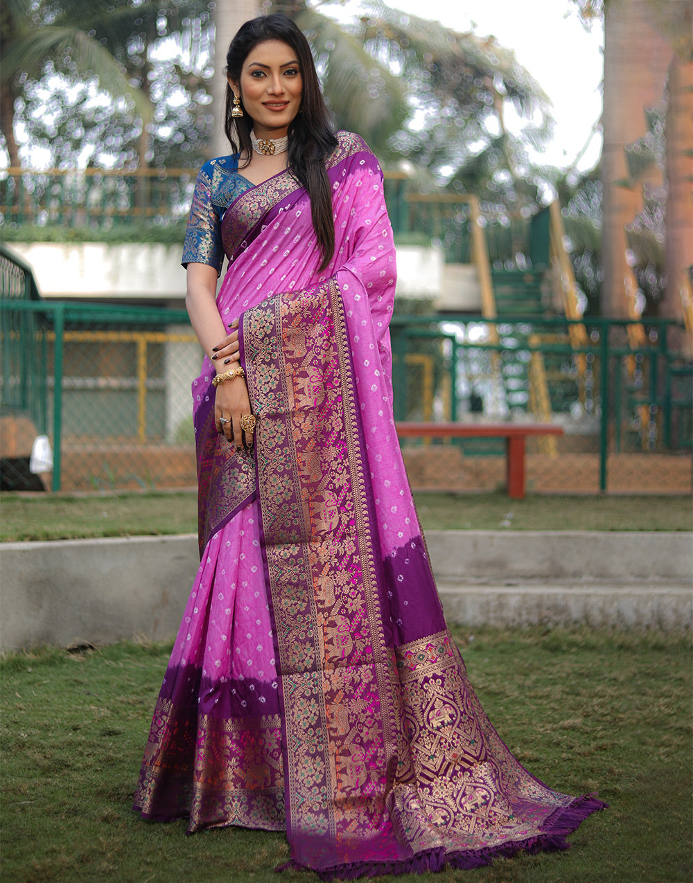 Neon Pink Bandhej Silk Saree With Weaving Work