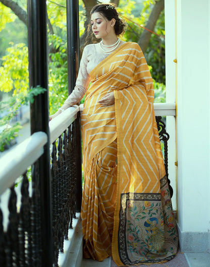 Yellow Tussar Silk Saree With Lehariya Printed Work