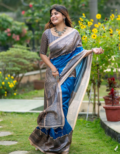 Blue Tussar Silk Saree With Madhubani Printed Work