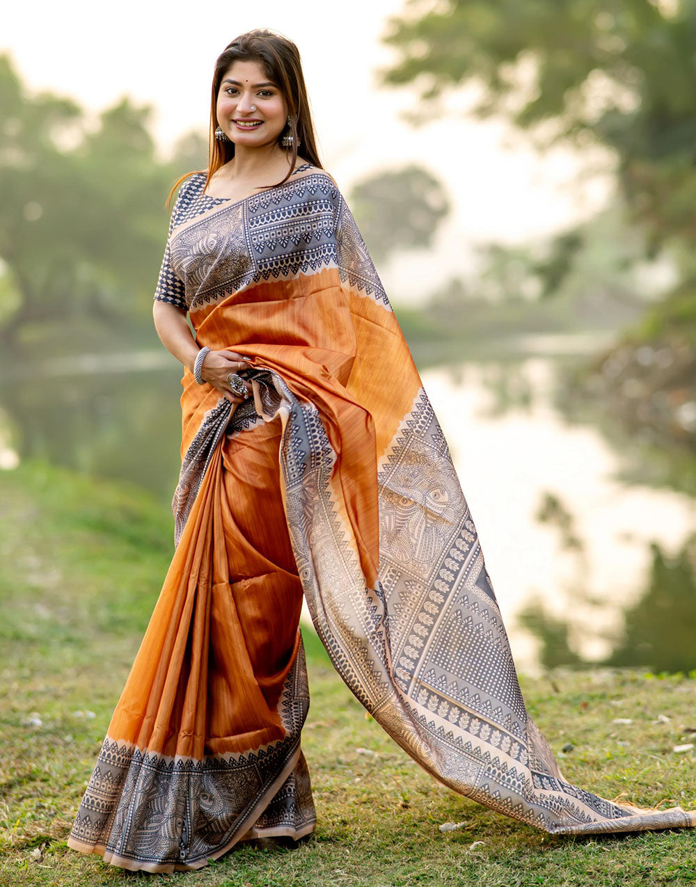 Mustard Yellow Tussar Silk Saree With Madhubani Printed Work