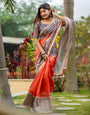 Orange Tussar Silk Saree With Madhubani Printed Work