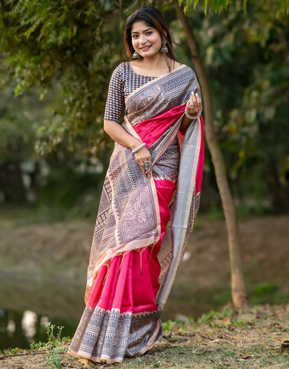 Pink Tussar Silk Saree With Madhubani Printed Work