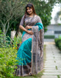 Sky Blue Tussar Silk Saree With Madhubani Printed Work