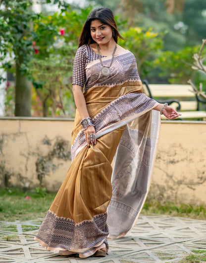 Tortilla Brown Tussar Silk Saree With Madhubani Printed Work