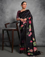 Black Soft Tussar Silk Saree With Lotus Printed Work