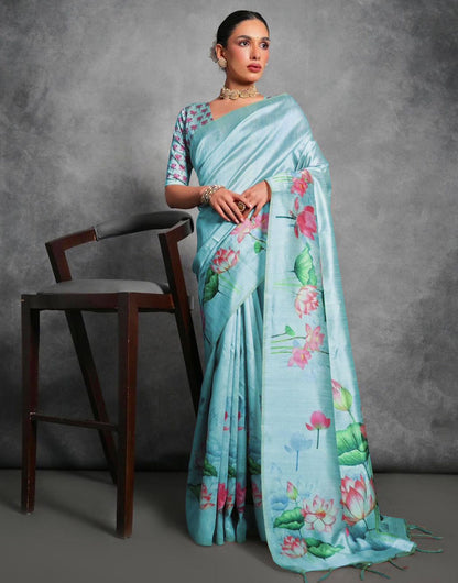 Sky Blue Soft Tussar Silk Saree With Lotus Printed Work