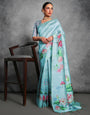 Sky Blue Soft Tussar Silk Saree With Lotus Printed Work