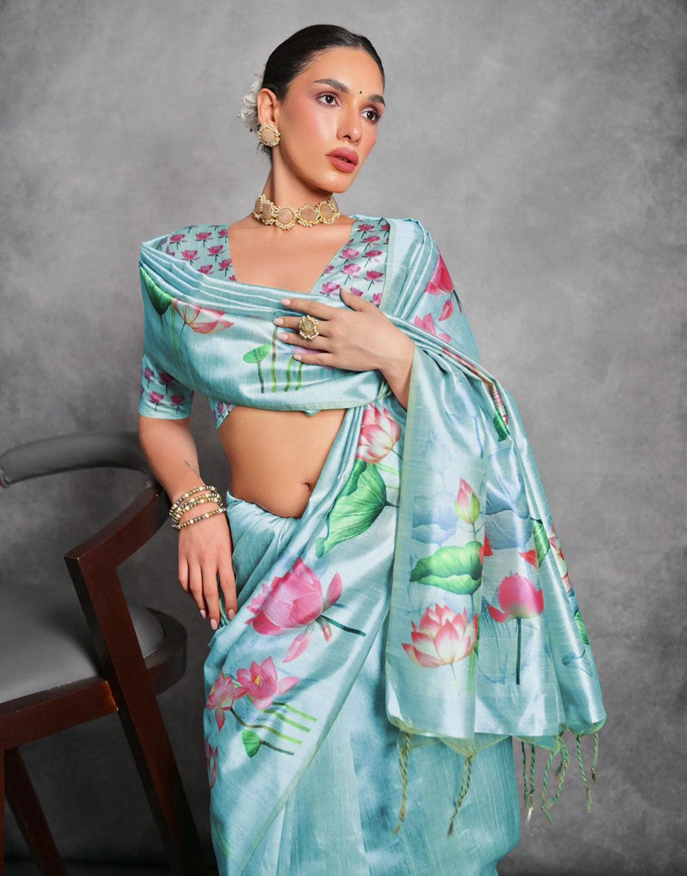 Sky Blue Soft Tussar Silk Saree With Lotus Printed Work