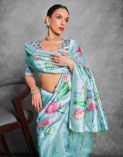 Sky Blue Soft Tussar Silk Saree With Lotus Printed Work