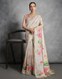 Beige Soft Tussar Silk Saree With Lotus Printed Work