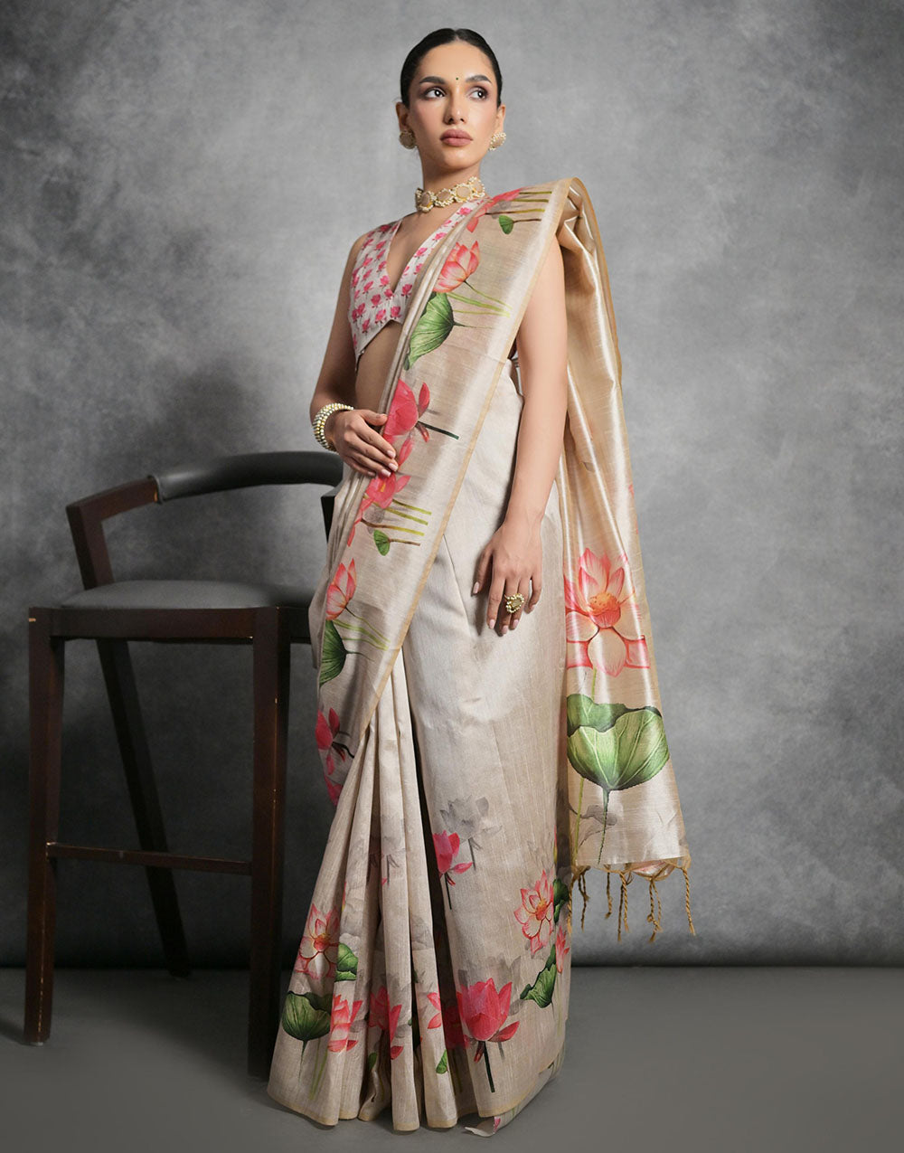 Beige Soft Tussar Silk Saree With Lotus Printed Work