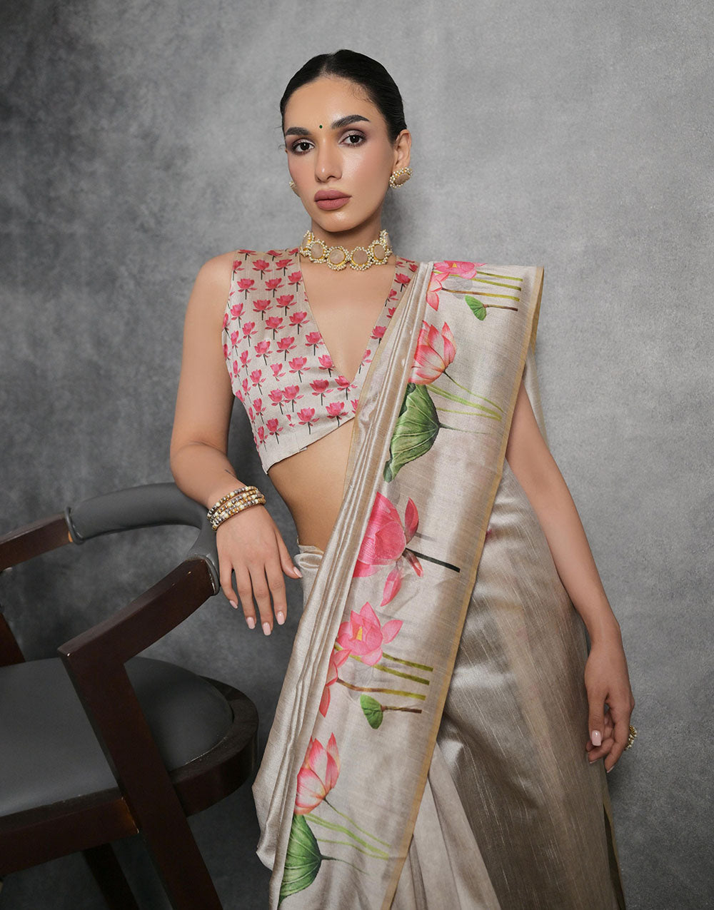 Beige Soft Tussar Silk Saree With Lotus Printed Work