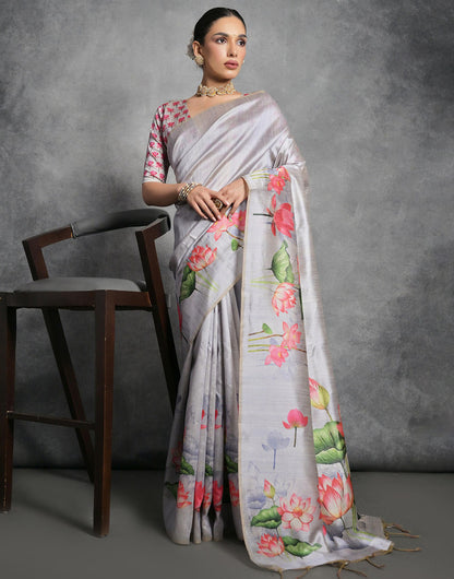 Glacier Gray Soft Tussar Silk Saree With Lotus Printed Work