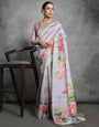 Glacier Gray Soft Tussar Silk Saree With Lotus Printed Work