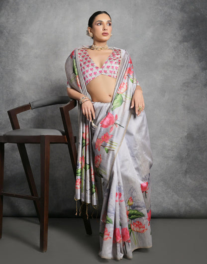 Glacier Gray Soft Tussar Silk Saree With Lotus Printed Work